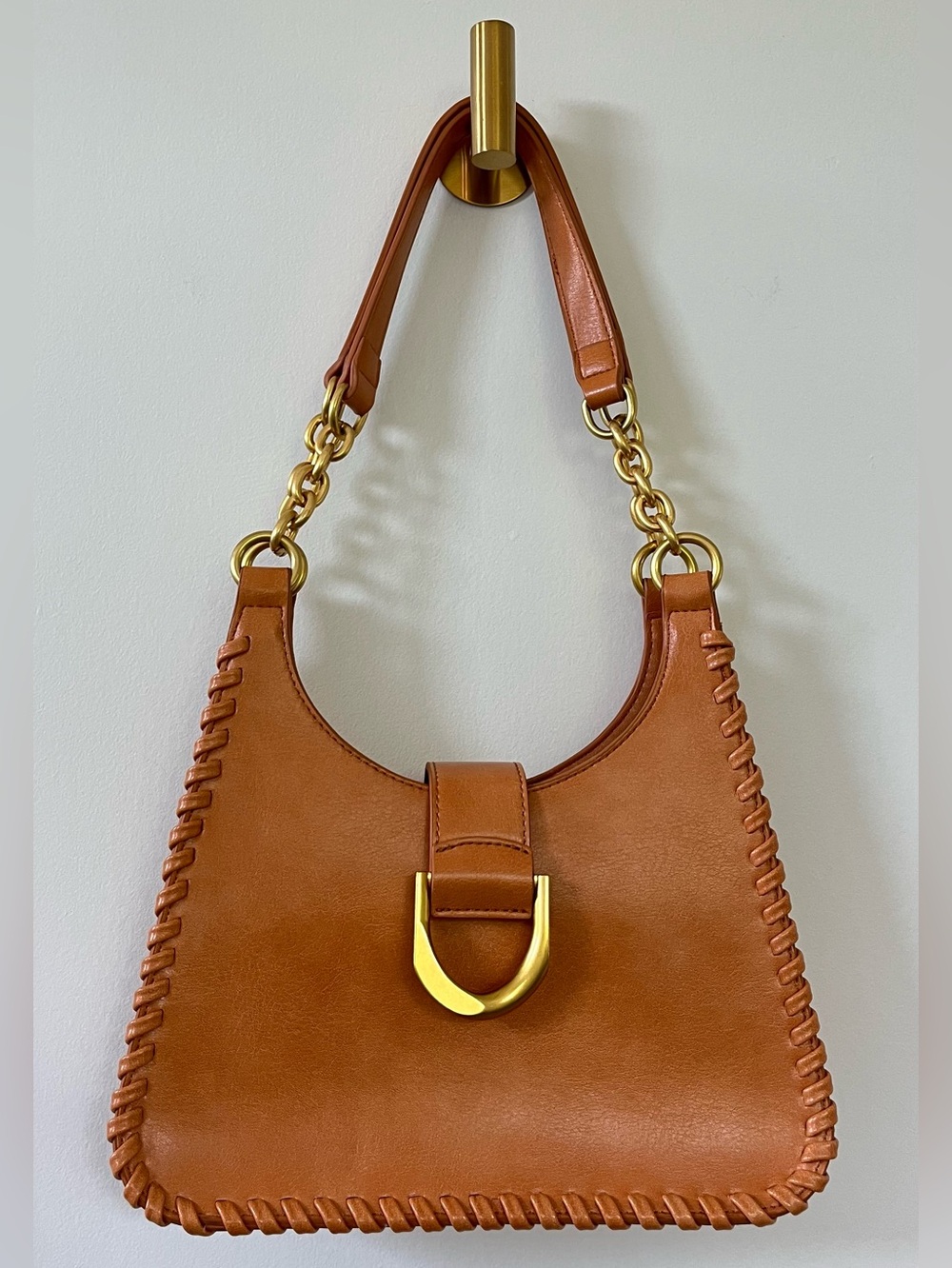 Antik Kraft Cognac Leather Shoulder Bag with Gold Hardware New